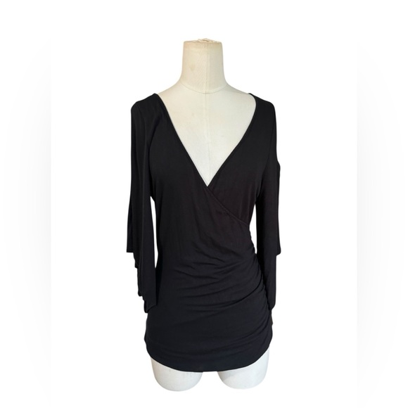 Boston proper Black Draped Surplice Top Split Bell Sleeve Blouse - Picture 2 of 7